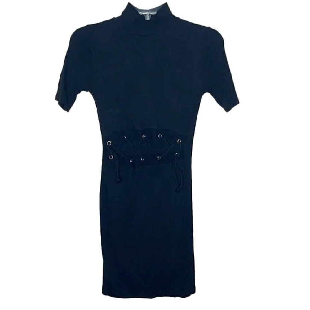 ❤️ZARA TRAFALUC Short Sleeve Mock Neck Sexy Lace Cut Out Goth Mini Bodycon Dress